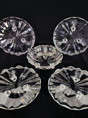 FOSTORIA~BAROQUE~5 PIECE~VINTAGE CLEAR GLASS FOOTED TIDBIT TRAY BON BON DISH